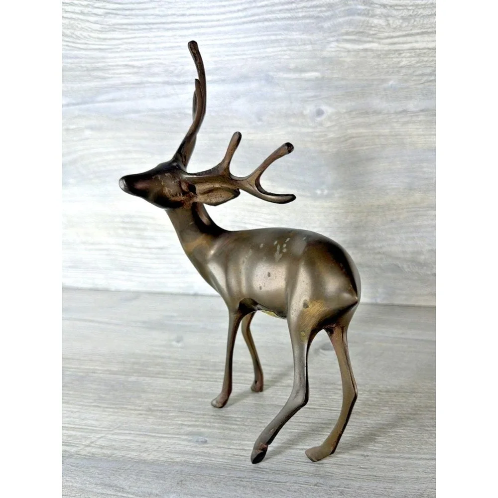 Vtg Brass Buck Deer Stag Figure Reindeer MCM 6 Point Antlers Animal 9" Korea - Picture 3 of 12